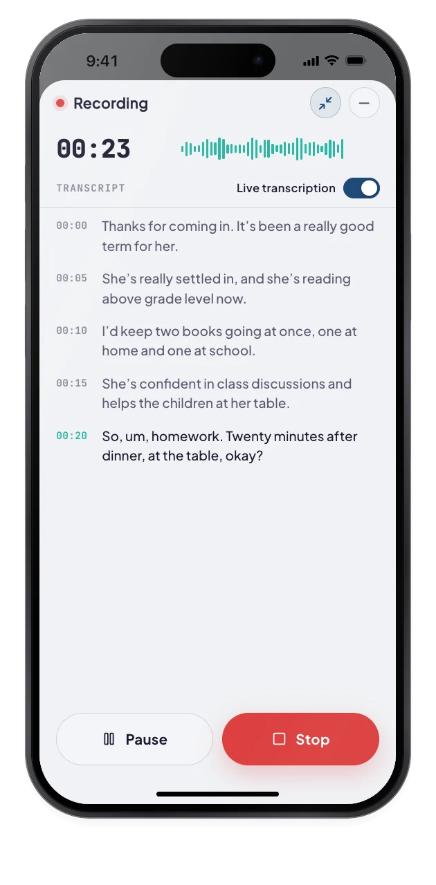 The recording sheet shows a teal waveform, a running clock and a live transcript of a school meeting.