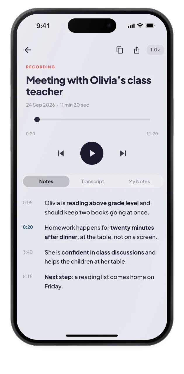The recording detail screen shows timestamped notes and a summary of the meeting.