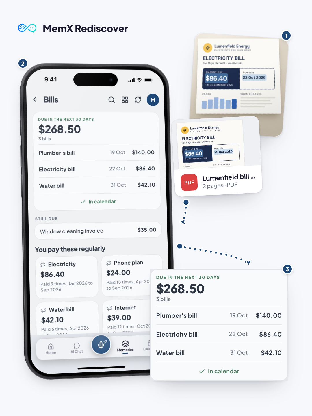 The same electricity bill saved as a photo and as a PDF appears once on the MemX Bills screen, listed by due date beside other bills and the regular bills.