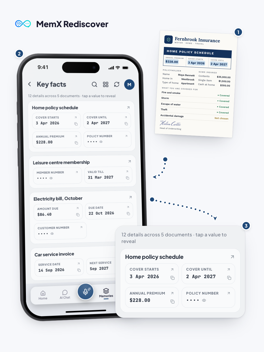 A home insurance policy with key facts marked leads to the MemX Key facts screen, where each fact is a tile and the policy number stays masked until you tap.