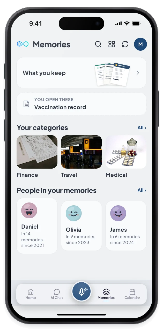 The Memories home shows a card of what you keep, and category cards for Finance, Travel and Medical.