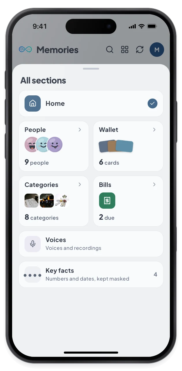 The All sections sheet lists People, Wallet, Categories and Bills as tiles.