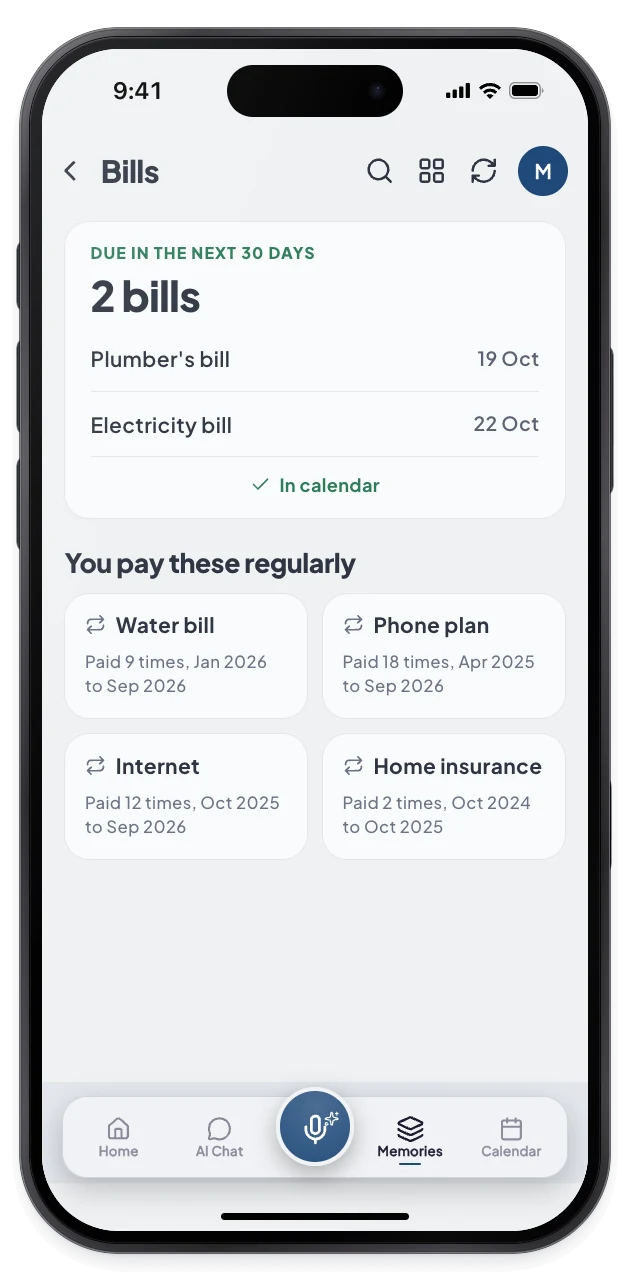 The Bills screen lists bills due in the next 30 days and the bills you pay regularly.