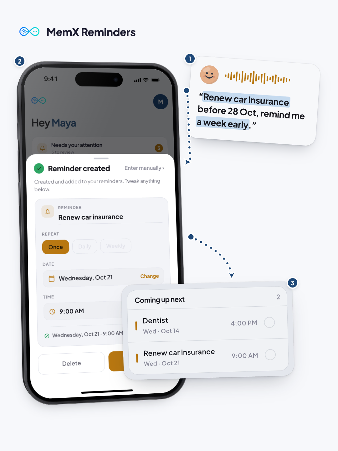 A spoken request to take a pill at 9 PM, the created reminder sheet and the reminder in the Calendar agenda