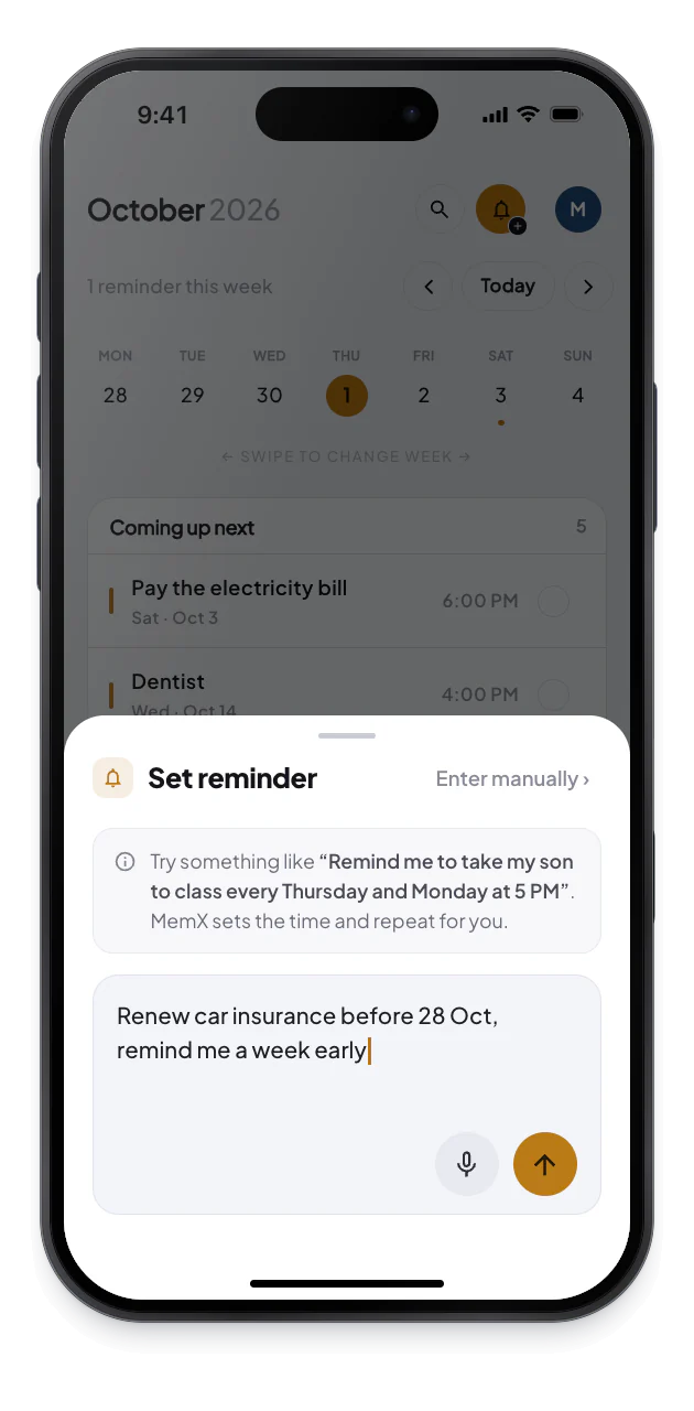 The reminder sheet asks you to describe your reminder in simple words, any language.