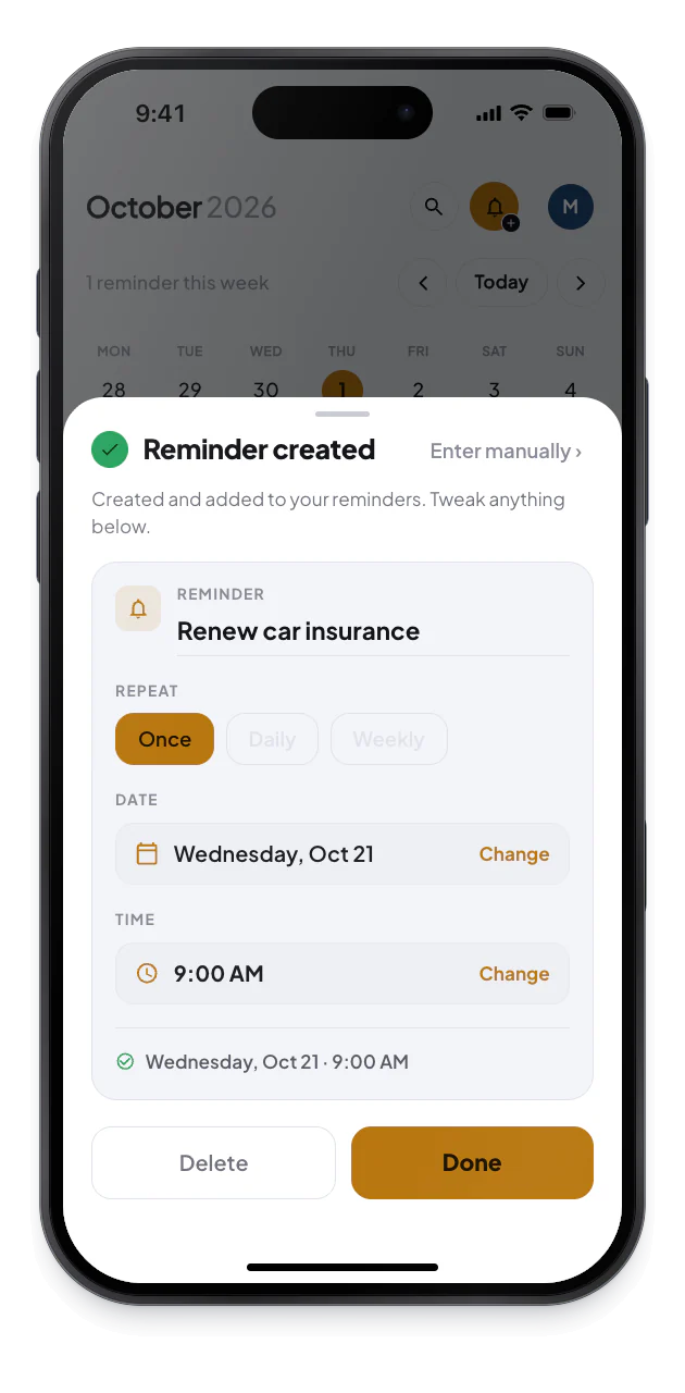 The Reminder created sheet shows Renew car insurance set to Once, on Wednesday, Oct 21 at 9:00 AM, with Change buttons.