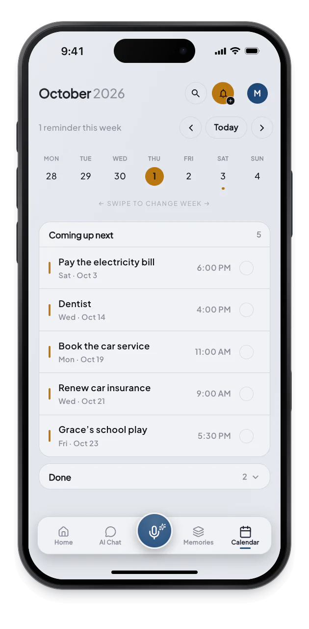 The Calendar agenda lists the insurance reminder under the correct date.