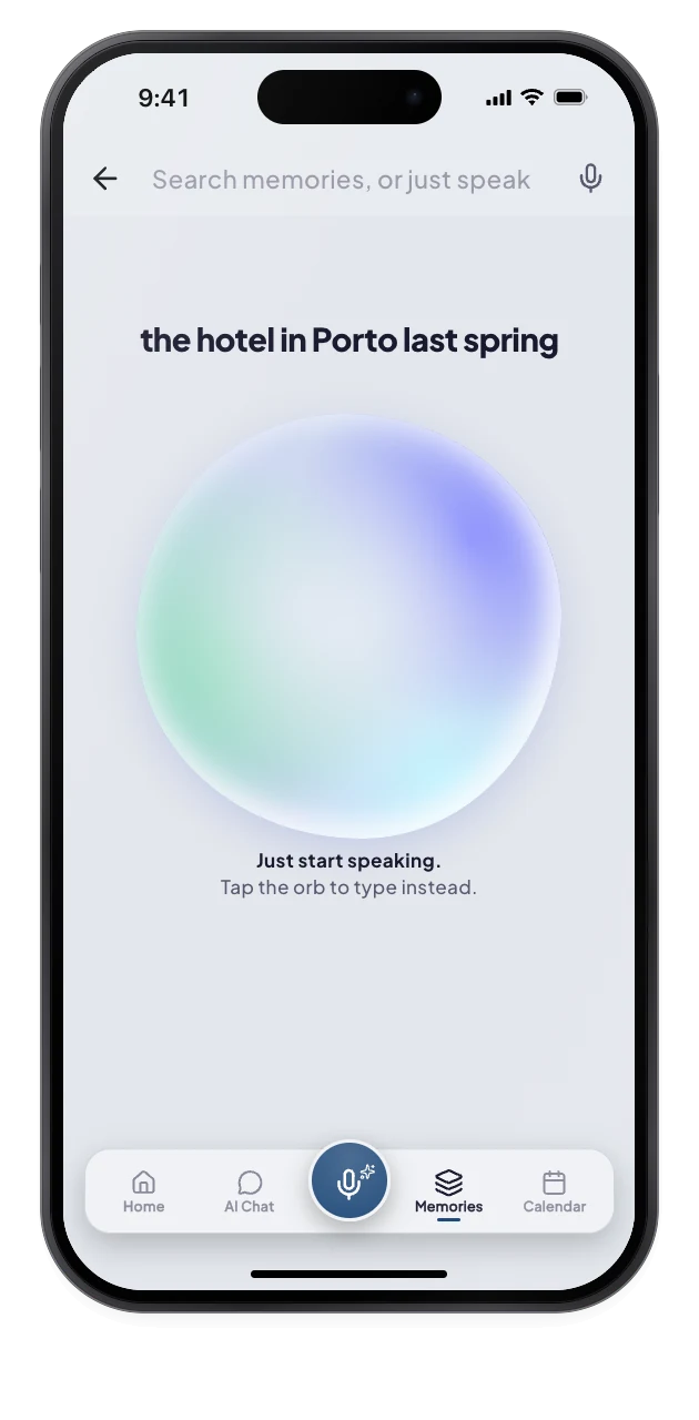 The voice screen shows the spoken words the hotel in Porto last spring above a soft glowing orb.