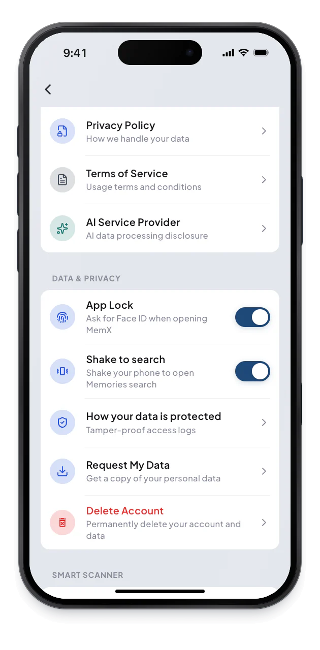 The Data and Privacy section shows App Lock, Ask for Face ID when opening MemX, with its switch on.