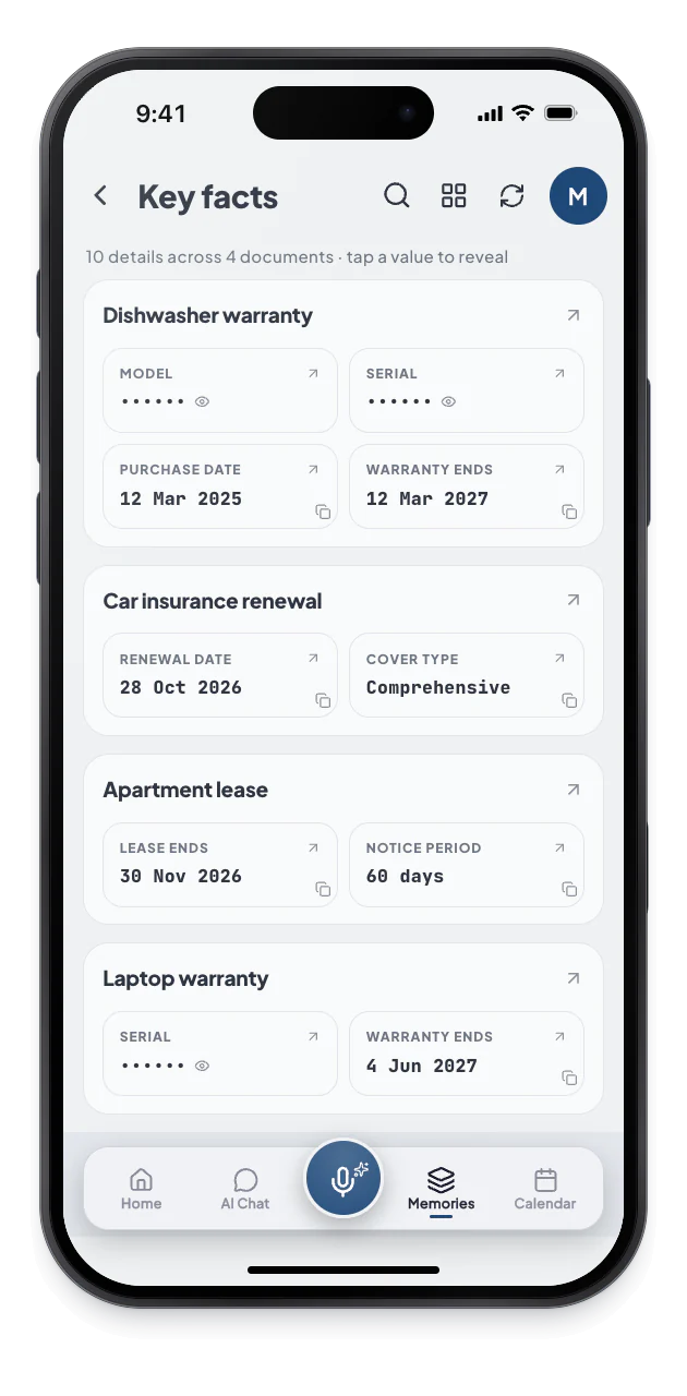 The Key facts screen lists details from documents, with some values masked and a note to tap a value to reveal.