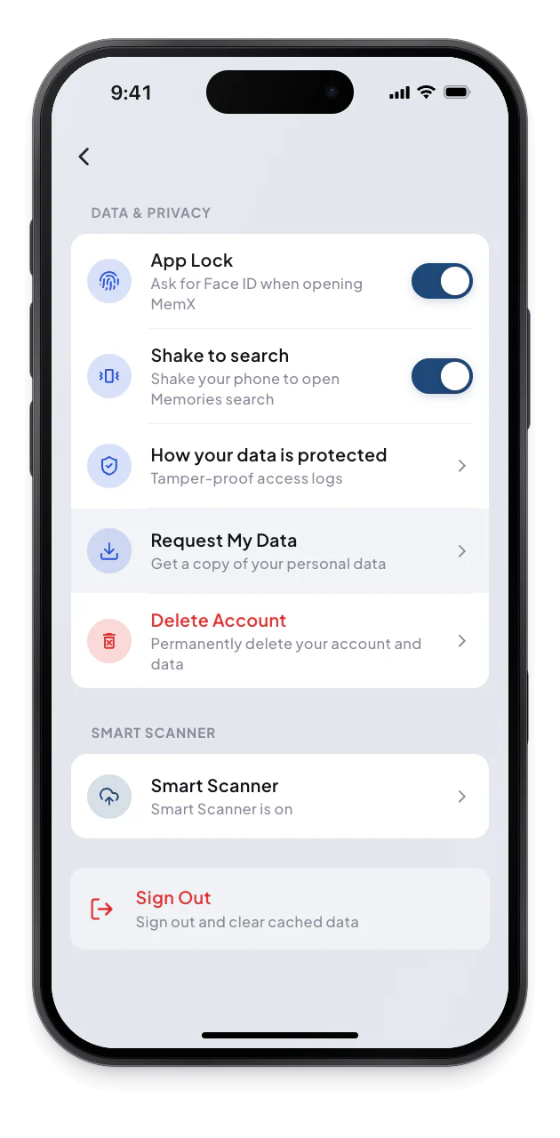 The Data and Privacy section lists Request My Data and Delete Account.