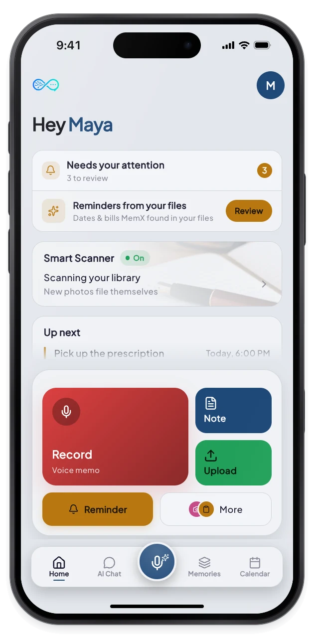 The MemX Smart Scanner card on the home screen with an On chip and a note that new photos file themselves.