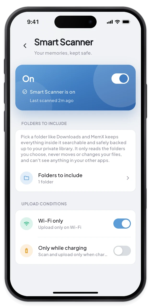 On iPhone, the scanner settings screen lets you choose which folders MemX reads, with Wi-Fi only switched on.