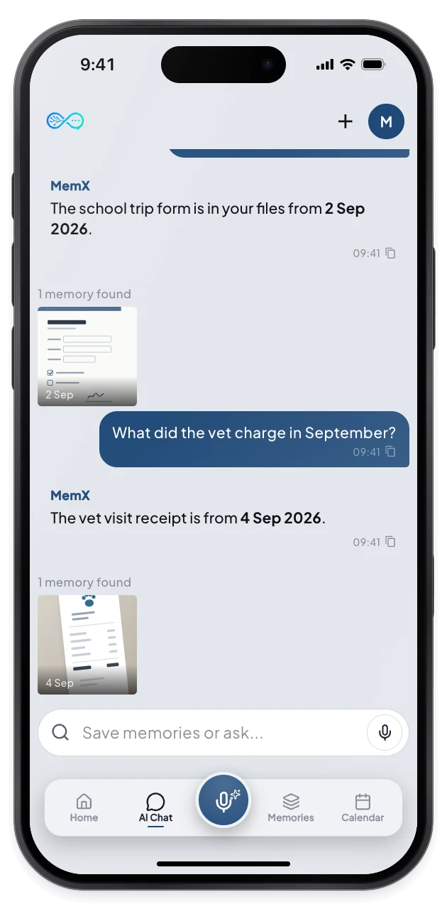 MemX answers a question about a vet visit with the date of the receipt, and shows the scanned photo.