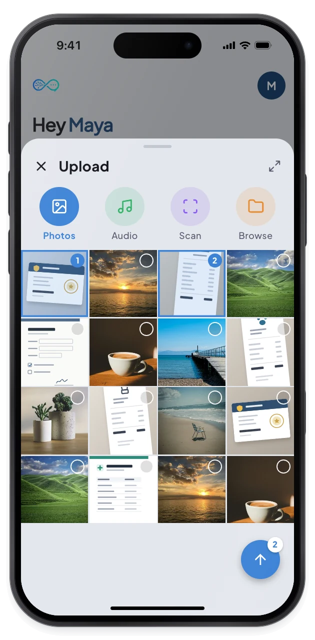 The Photos tab of the upload picker shows a grid of pictures with two selected.