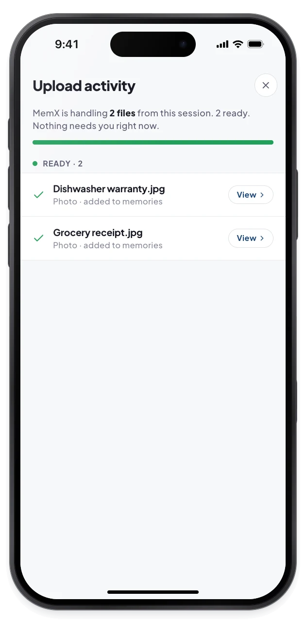 The Upload activity screen shows two files ready, Dishwasher warranty.jpg and Grocery receipt.jpg.