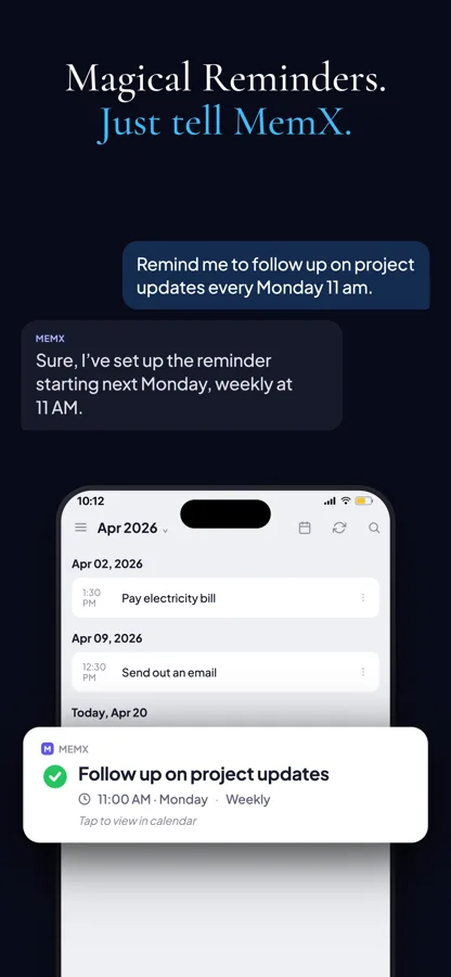 MemX setting a weekly reminder via chat and showing a calendar with upcoming reminder notifications