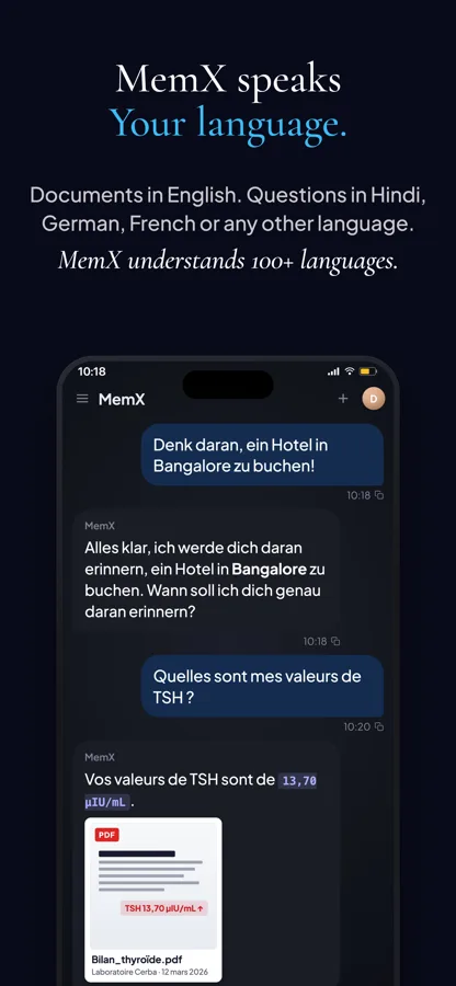 MemX chat answering questions in German and French, with a PDF lab report preview attached
