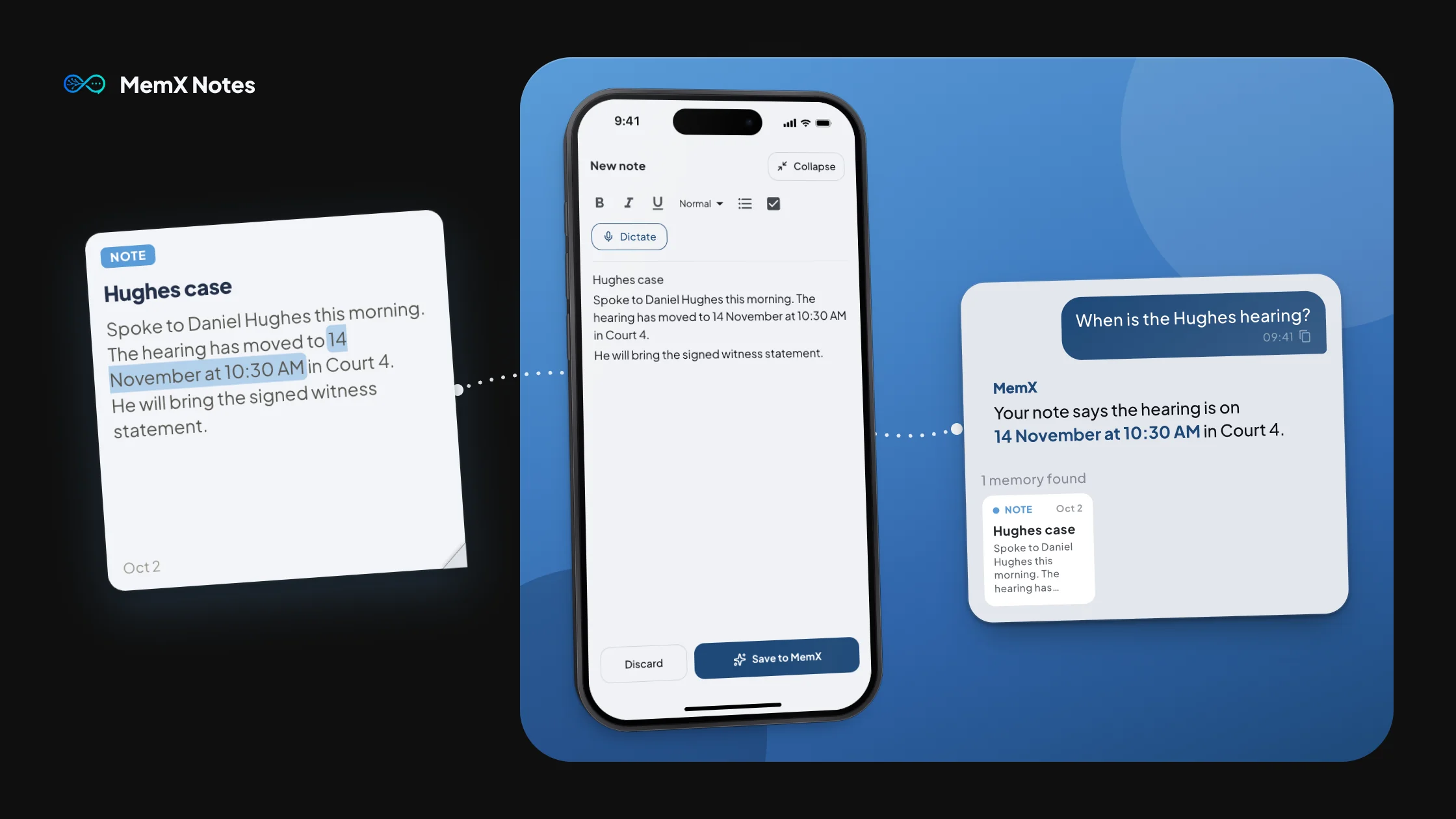 MemX saving a quick text note into searchable memory