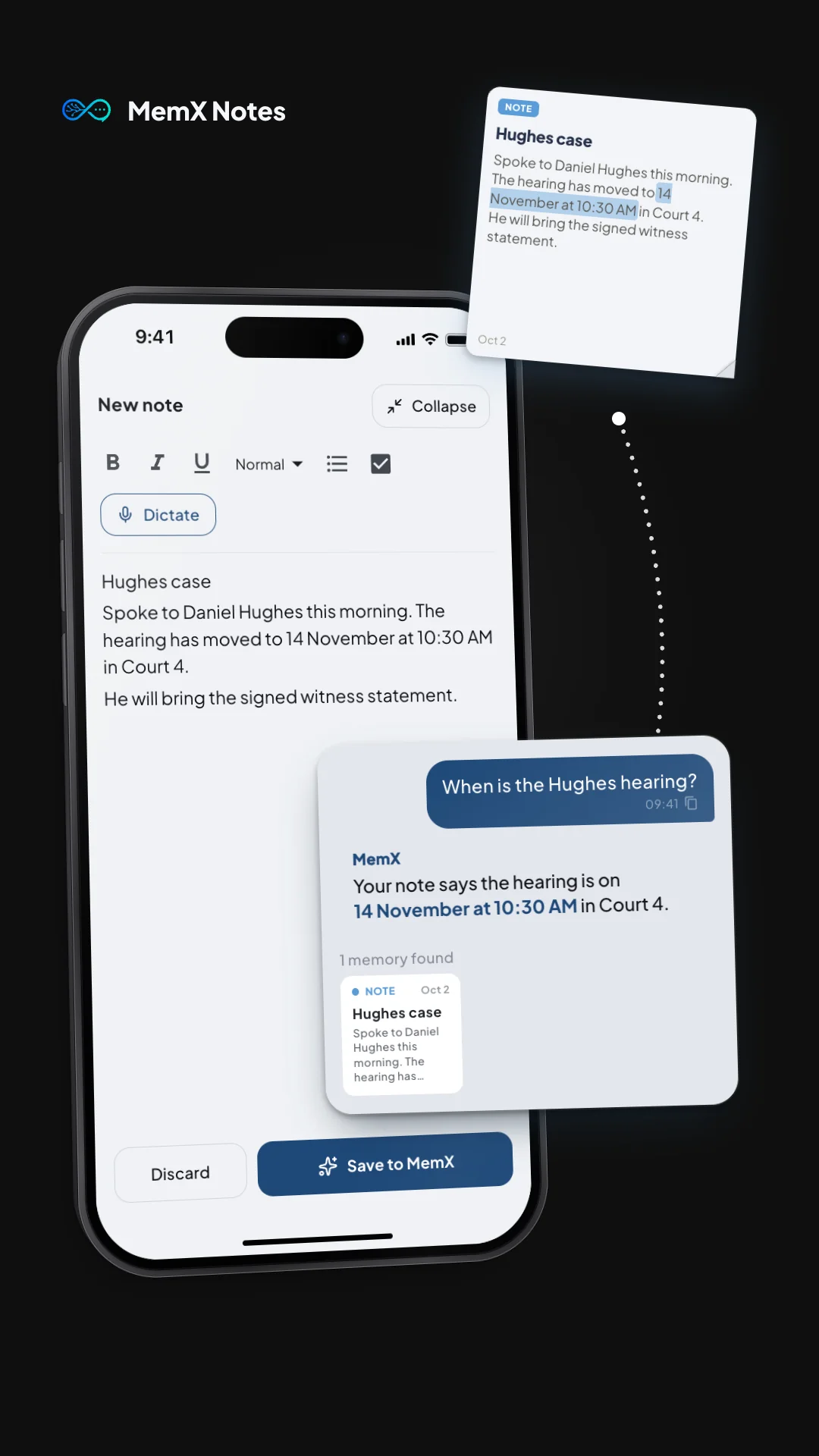 MemX saving a quick text note into searchable memory