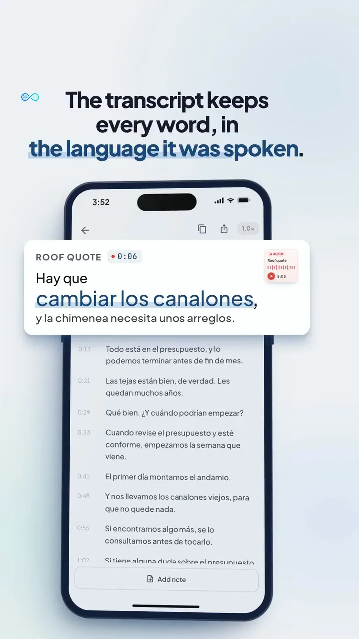 A phone recording a parent meeting with a live transcript, next to the finished notes and summary.